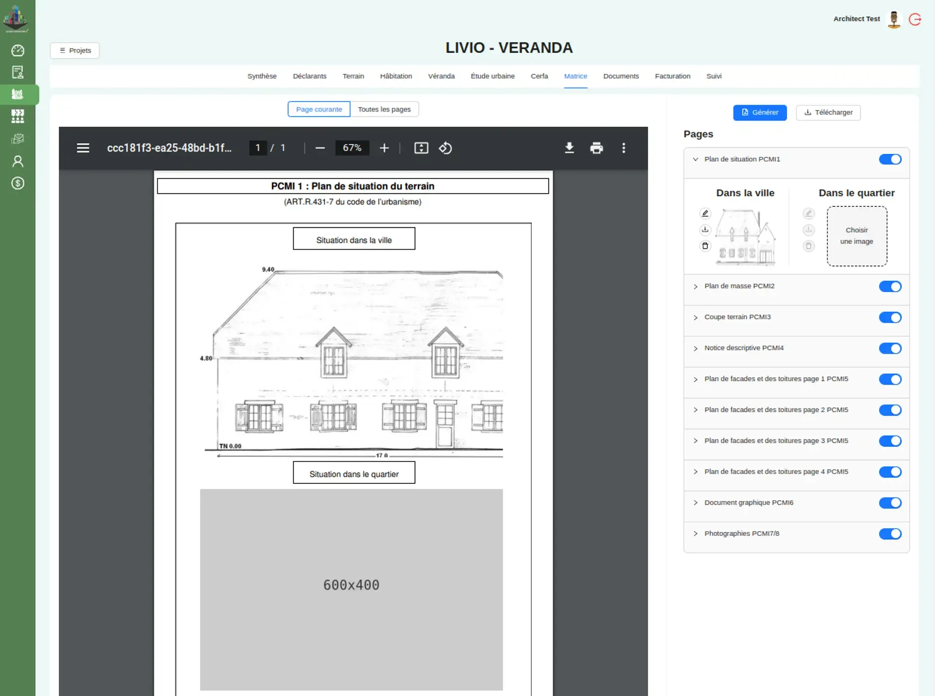 Matrice de plans : chaque planche (PCMI1 à PCMI8) s’active, se complète de ses images et se génère en un PDF prêt à déposer.