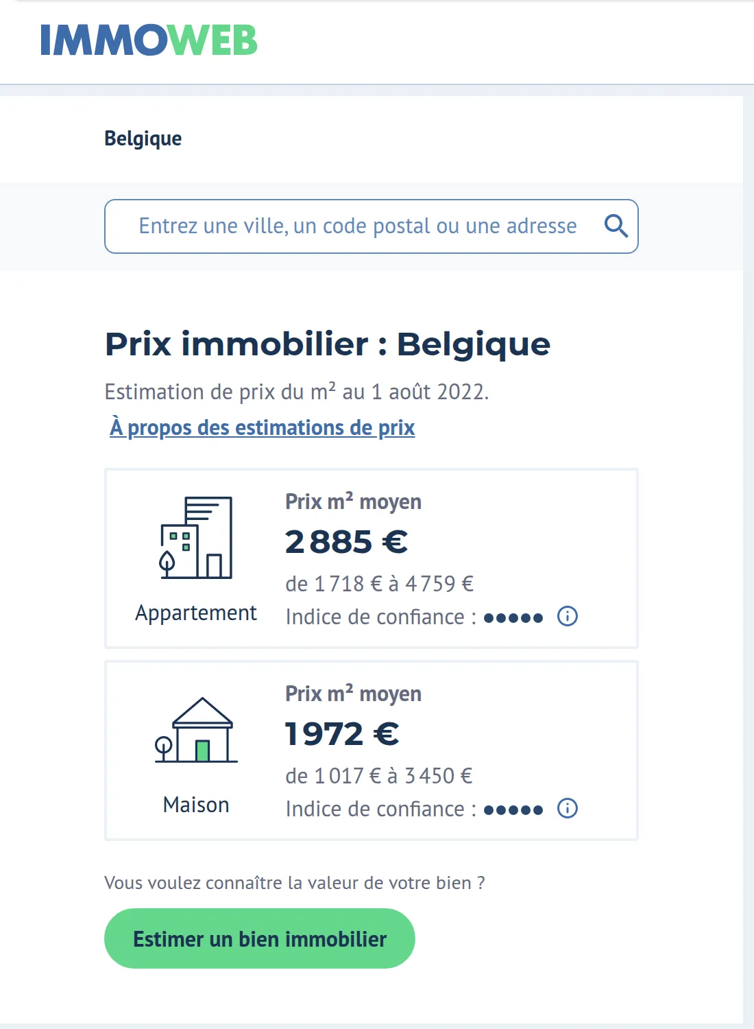 Price Map d’Immoweb (Belgique), estimations mises à jour chaque mois — capture archivée d’août 2022.