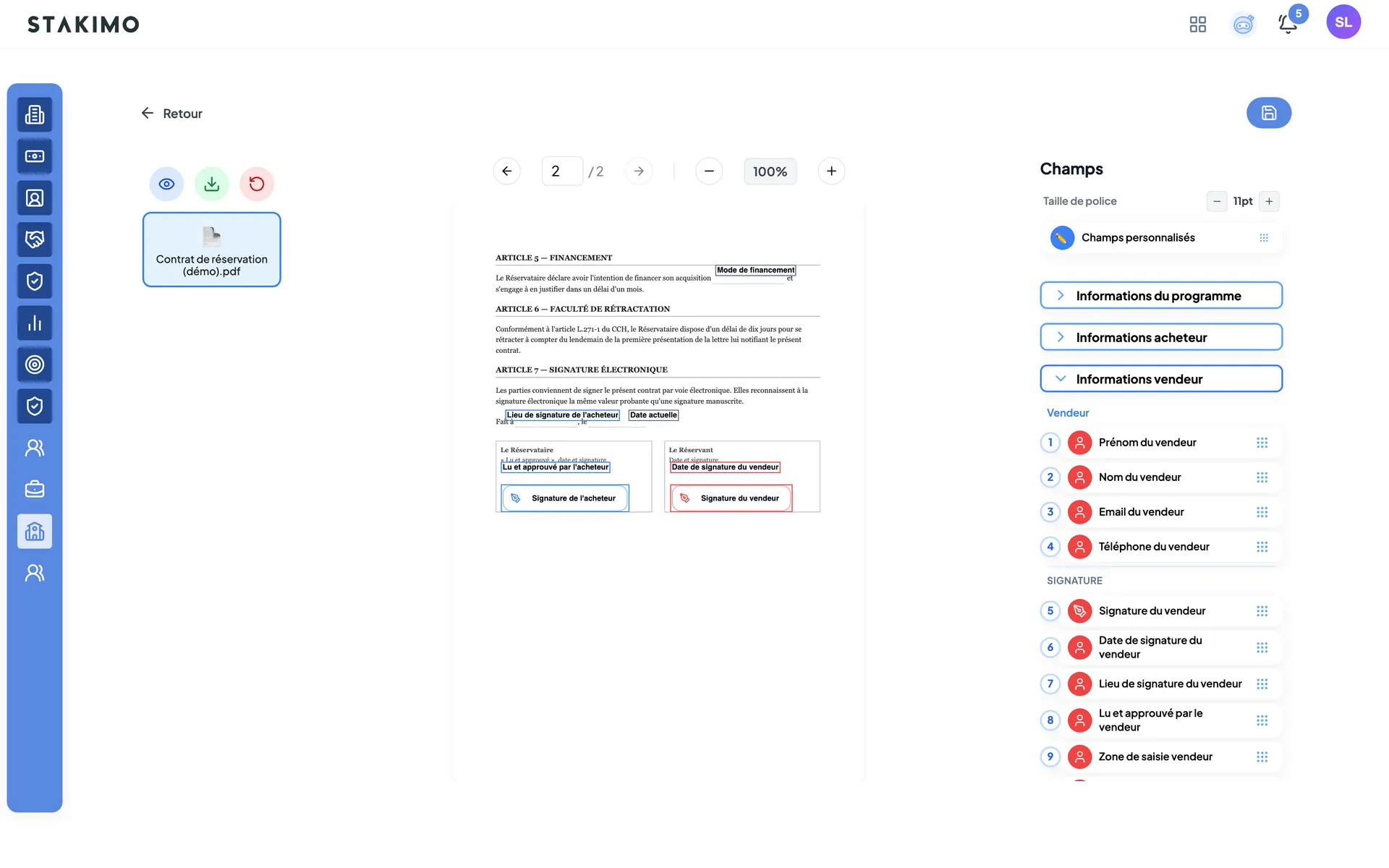 Éditeur de champs : zones de signature, de date et de mention « lu et approuvé » placées pour chaque signataire avant l’envoi à DocuSign.